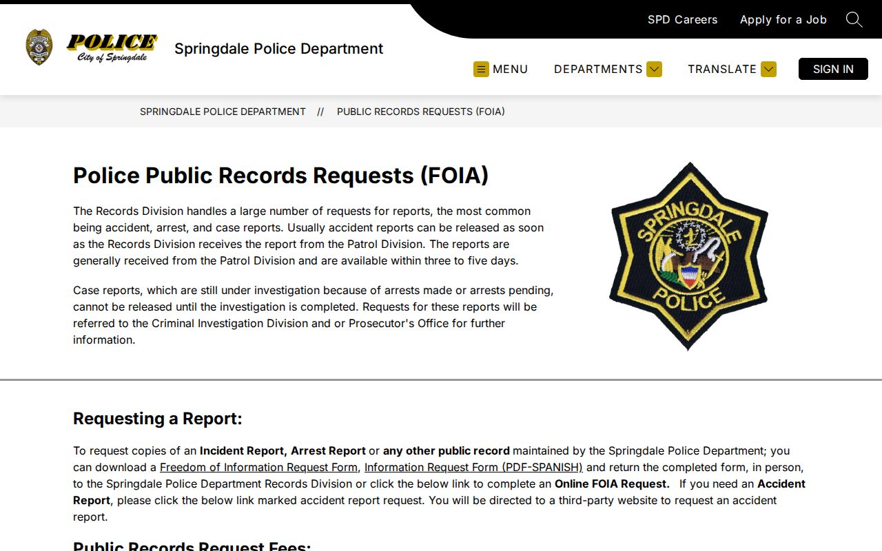 Springdale street directory address records request page